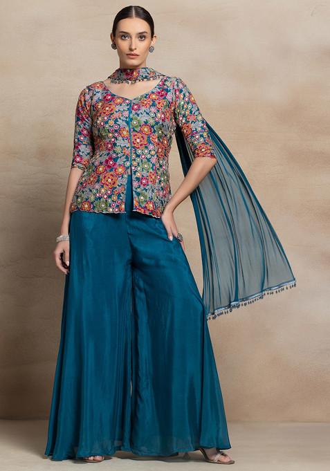 Teal Blue Sharara Set With Floral Print Embellished Short Kurta And Dupatta