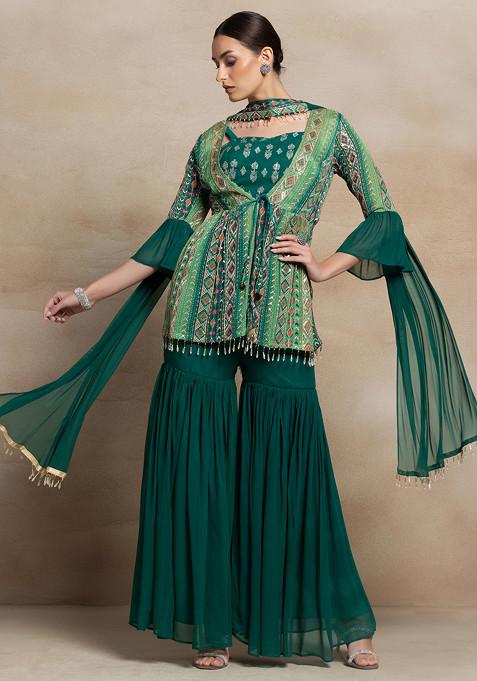 Green Sharara And Floral Embellished Blouse Set With Embroidered Jacket And Dupatta