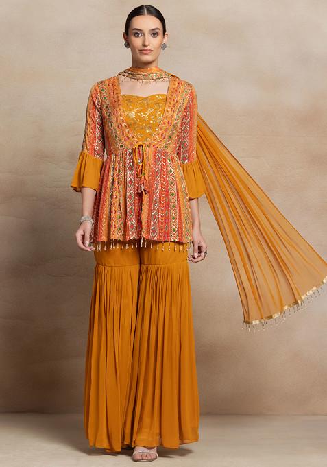 Mustard Sharara And Floral Embellished Blouse Set With Embroidered Jacket And Dupatta