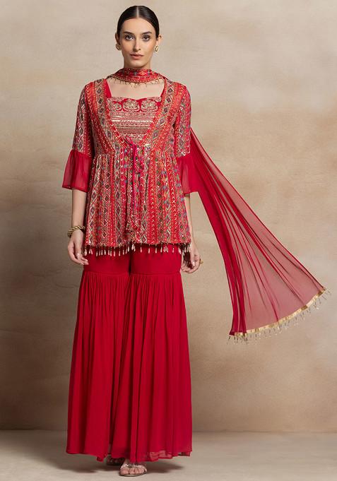 Pink Sharara And Floral Embellished Blouse Set With Embroidered Jacket And Dupatta