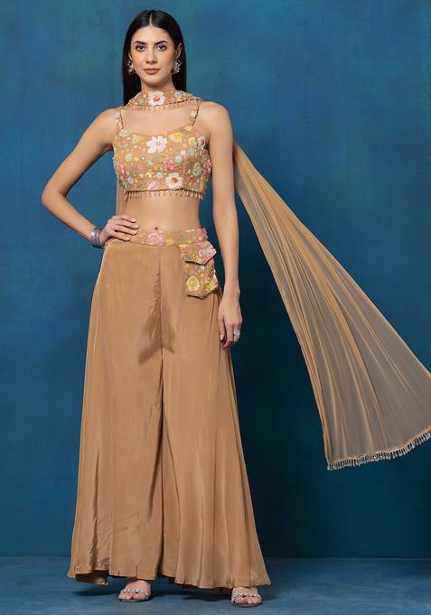 Beige Sharara Set With Floral Sequin Embellished Strappy Blouse And Dupatta