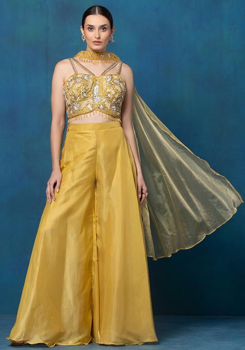 Yellow Sharara Set With Floral Sequin Embellished Strappy Blouse And Dupatta