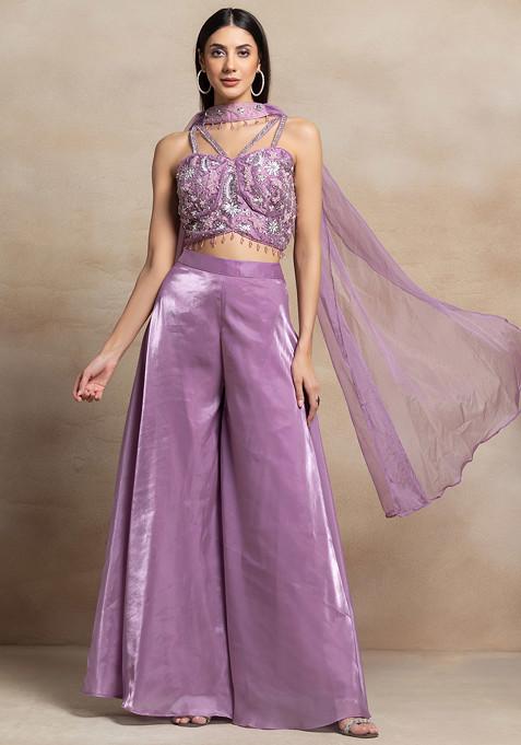 Lilac Sharara Set With Floral Sequin Embellished Strappy Blouse And Dupatta