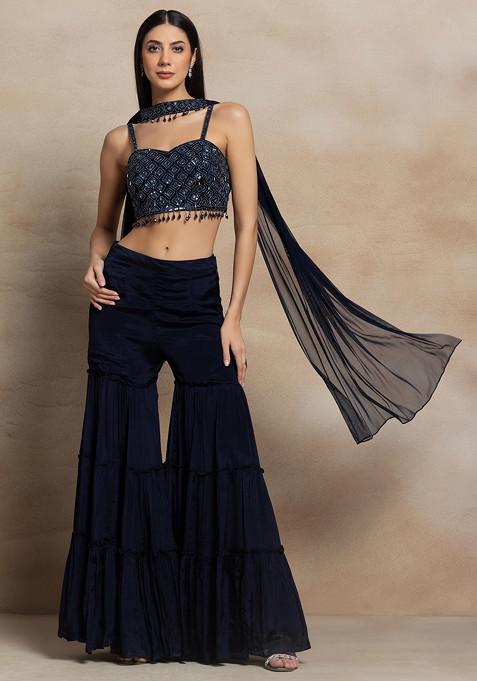 Navy Blue Tiered Sharara Set With Sequin Hand Embellished Blouse And Dupatta