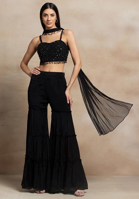 Black Tiered Sharara Set With Sequin Hand Embellished Blouse And Dupatta