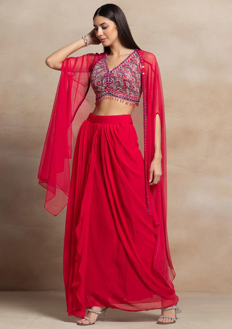 Red Mesh Jacket Set With Sequin Bead Hand Embellished Blouse And Pleated Skirt