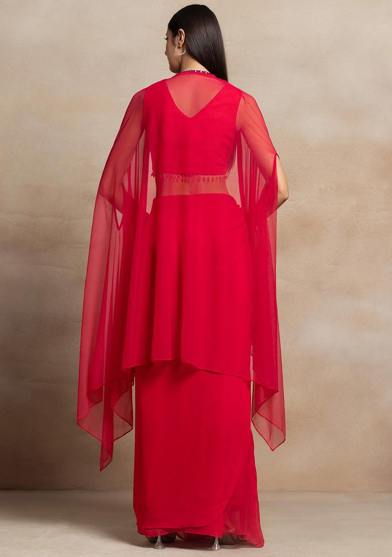 Red Mesh Jacket Set With Sequin Bead Hand Embellished Blouse And Pleated Skirt