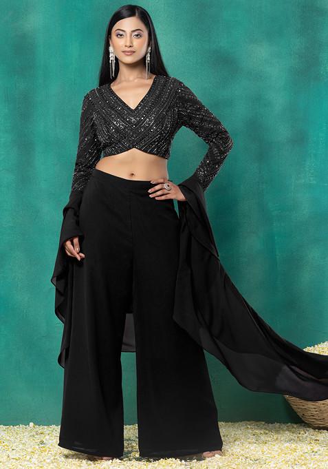 Black Palazzo Set With Sequin Dori Hand Embroidered Blouse And Choker Dupatta
