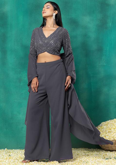 Grey Palazzo Set With Sequin Dori Hand Embroidered Blouse And Choker Dupatta