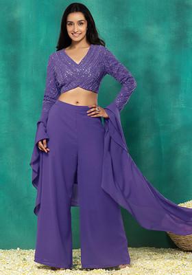 Lavender Palazzo Set With Sequin Dori Hand Embroidered Blouse And Choker Dupatta