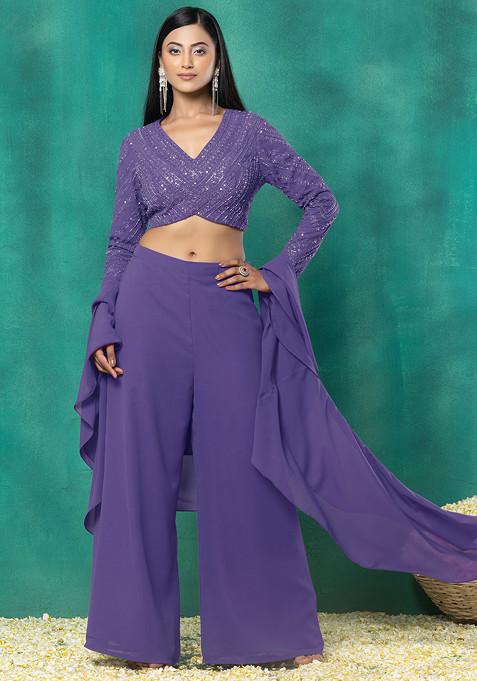 Lavender Palazzo Set With Sequin Dori Hand Embroidered Blouse And Choker Dupatta