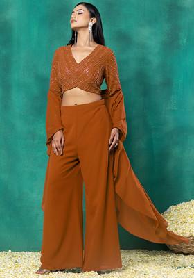 Brown Palazzo Set With Sequin Dori Hand Embroidered Blouse And Choker Dupatta