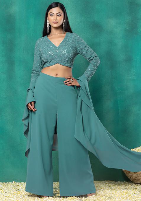 Steel Blue Palazzo Set With Sequin Dori Hand Embroidered Blouse And Choker Dupatta