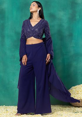 Indigo Blue Palazzo Set With Sequin Dori Hand Embroidered Blouse And Choker Dupatta