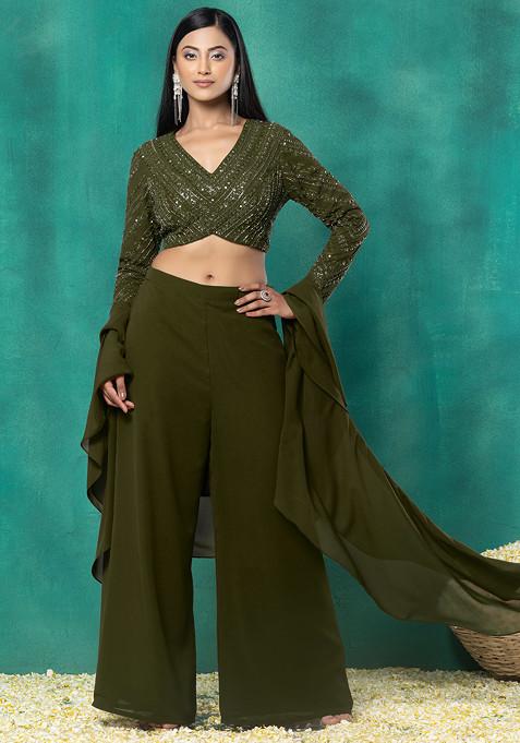 Olive Green Palazzo Set With Sequin Dori Hand Embroidered Blouse And Choker Dupatta