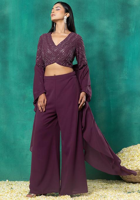 Purple Palazzo Set With Sequin Dori Hand Embroidered Blouse And Choker Dupatta