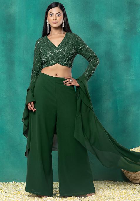 Emerald Green Palazzo Set With Sequin Dori Hand Embroidered Blouse And Choker Dupatta