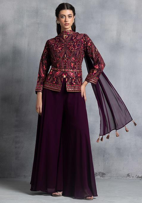 Purple Sharara And Multicolour Zari Embroidered Kurta Set With Dupatta And Belt