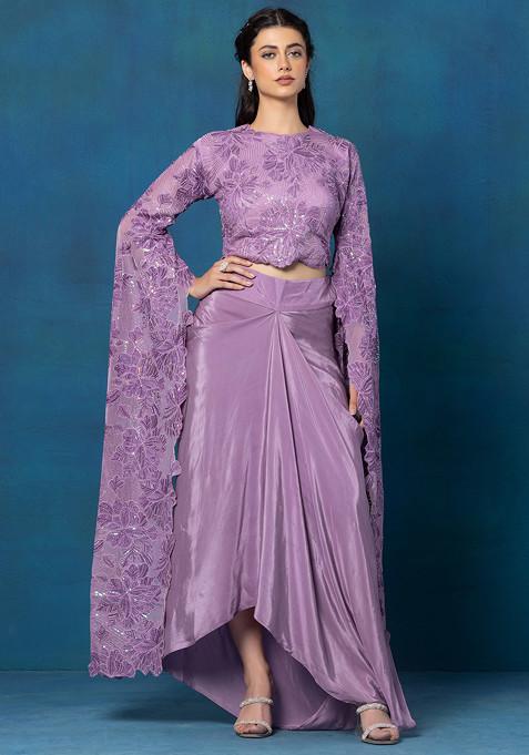 Purple Pleated Skirt Set With Thread Hand Embroidered Blouse