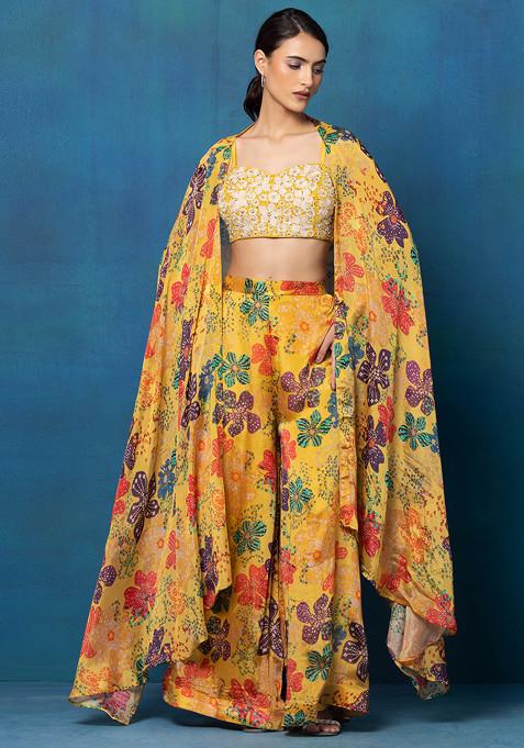 Yellow Floral Print Palazzo Set With Floral Embellished Blouse And Dupatta