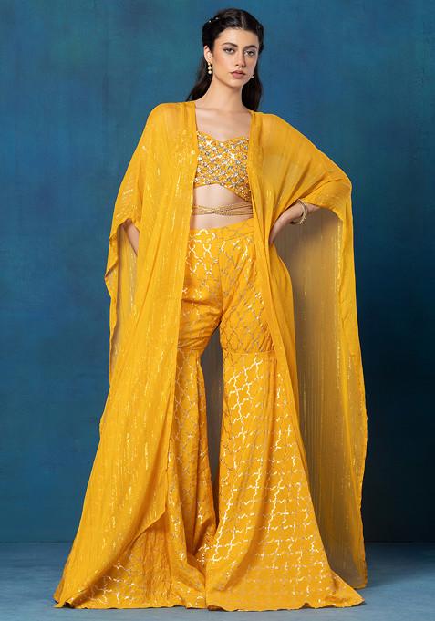 Yellow Brocade Sharara Set With Sequin Embellished Blouse And Dupatta
