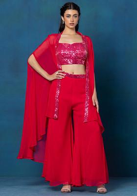 Dark Pink Sharara Set With Sequin Embellished Blouse And Jacket