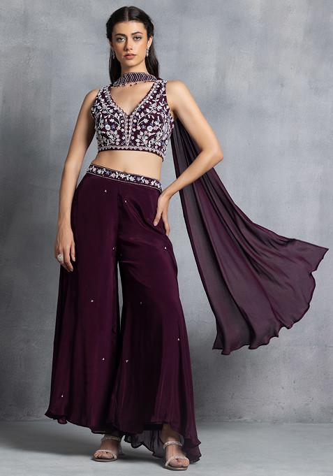 Purple Sharara Set With Floral Sequin Hand Embellished Blouse And Dupatta