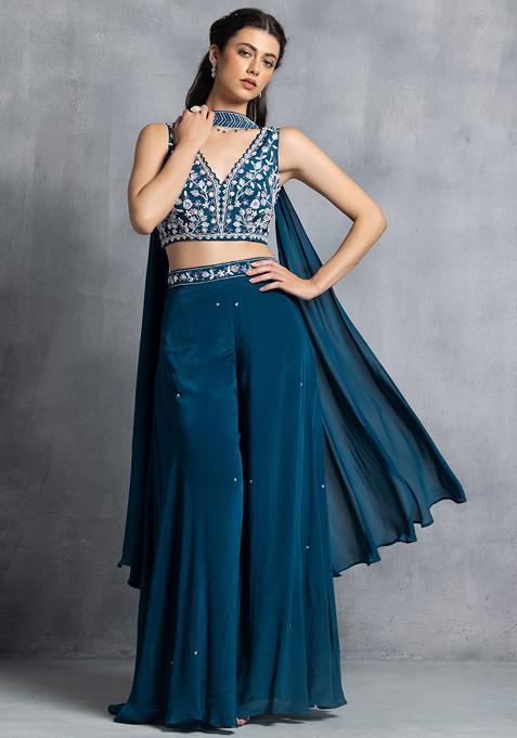 Teal Blue Sharara Set With Floral Sequin Hand Embellished Blouse And Dupatta