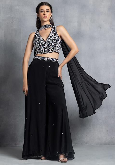 Black Sharara Set With Floral Sequin Hand Embellished Blouse And Dupatta
