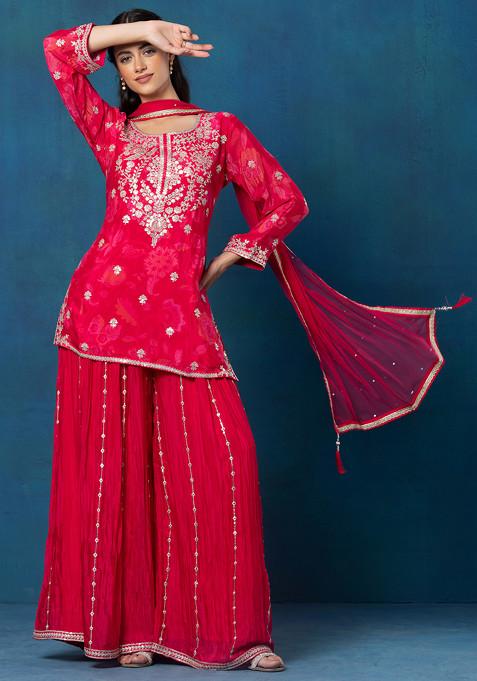 Pink Embellished Sharara Set With Zari Embellished Short Kurta And Dupatta