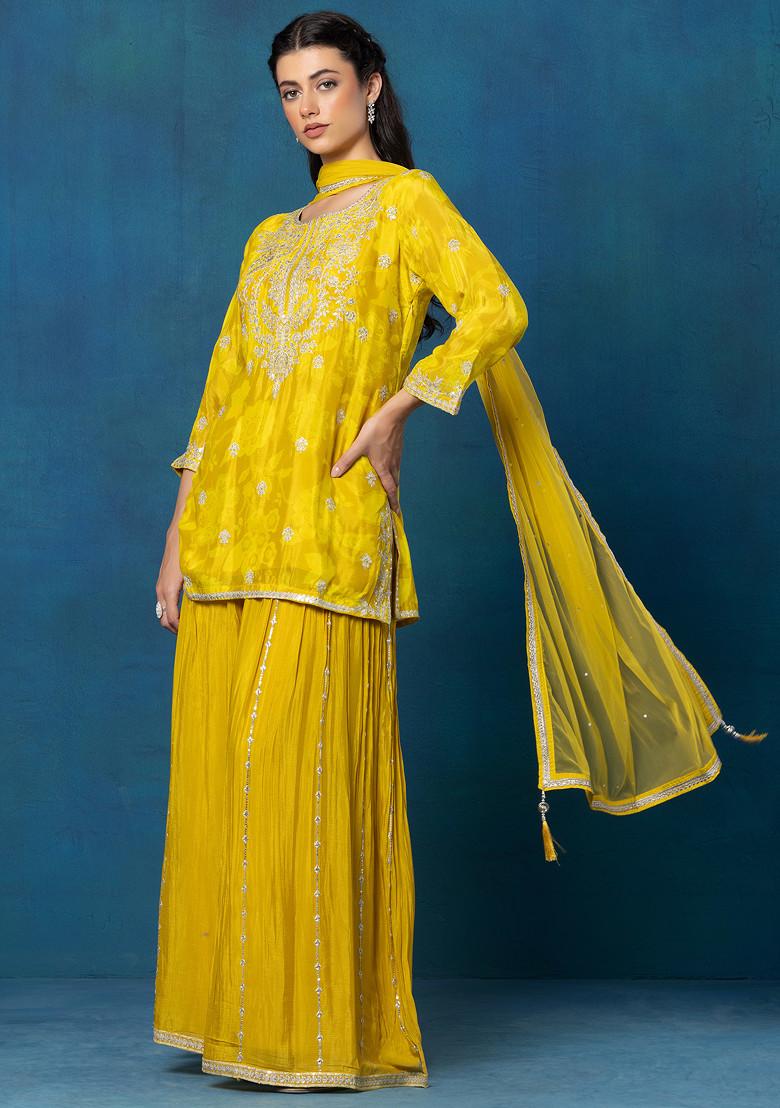 Yellow Embellished Sharara Set With Zari Embellished Short Kurta And Dupatta