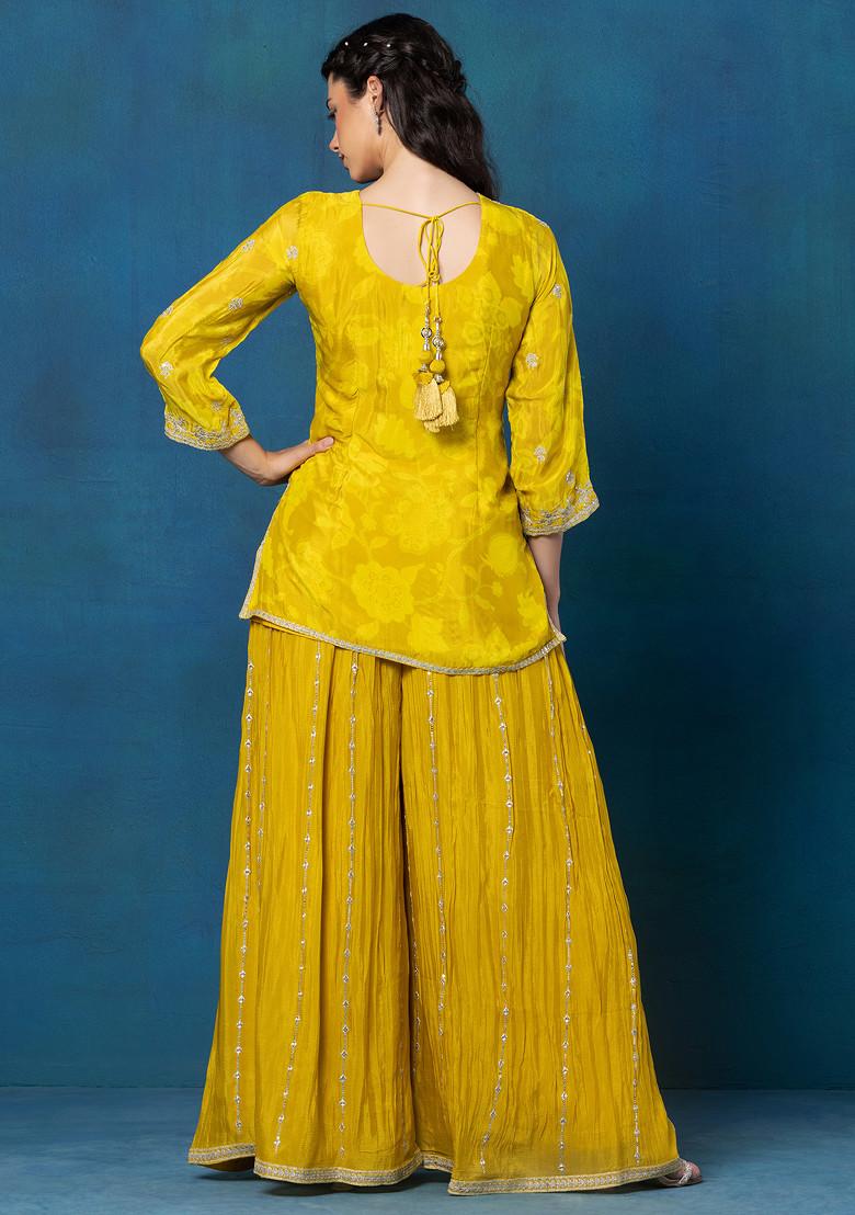 Yellow Embellished Sharara Set With Zari Embellished Short Kurta And Dupatta