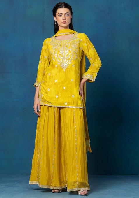 Yellow Embellished Sharara Set With Zari Embellished Short Kurta And Dupatta