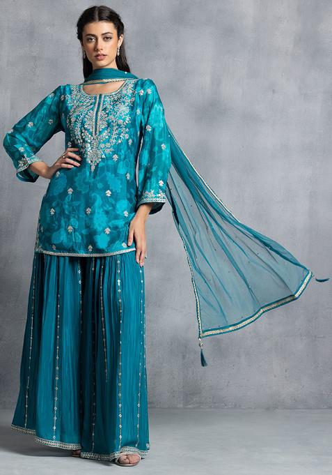 Teal Blue Embellished Sharara Set With Zari Embellished Short Kurta And Dupatta