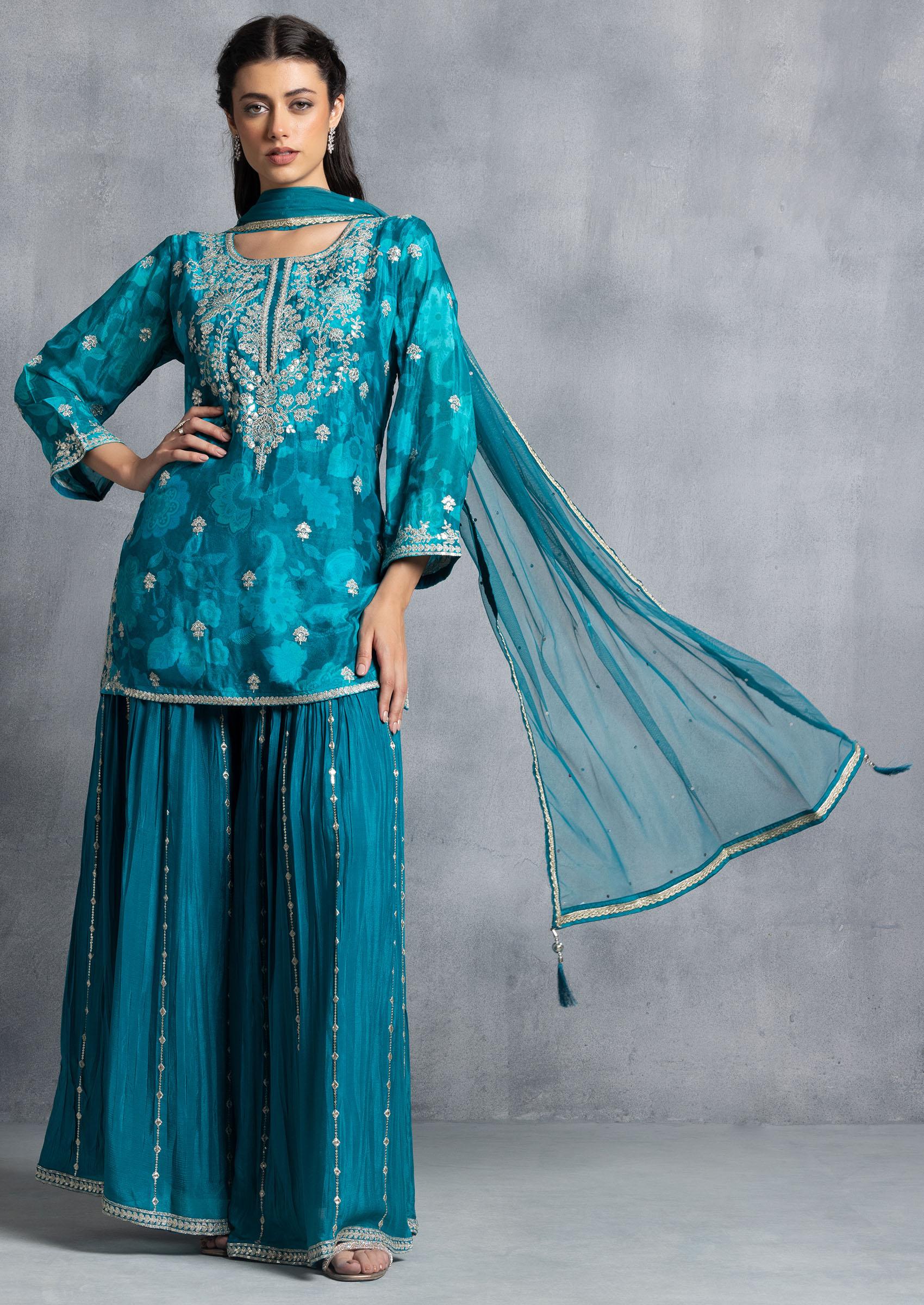 Kurta Set - Teal Blue & Golden Printed Kurti With store Sharara - Wedding Gift - Bridesmaid Dress - Kurti With Palazzos - Kurta Sharara Set