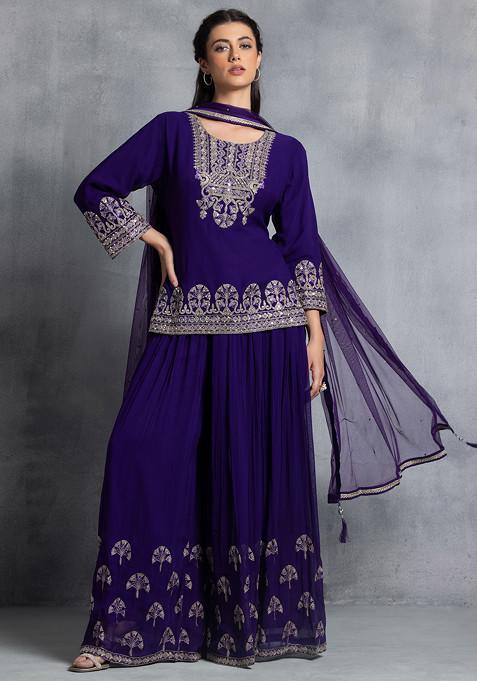 Purple Embroidered Sharara Set With Zari Mirror Embellished Short Kurta And Dupatta