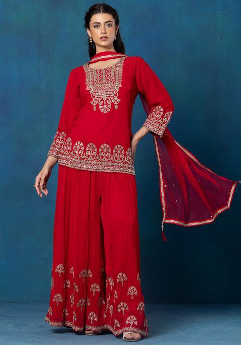 Red Embroidered Sharara Set With Zari Mirror Embellished Short Kurta And Dupatta