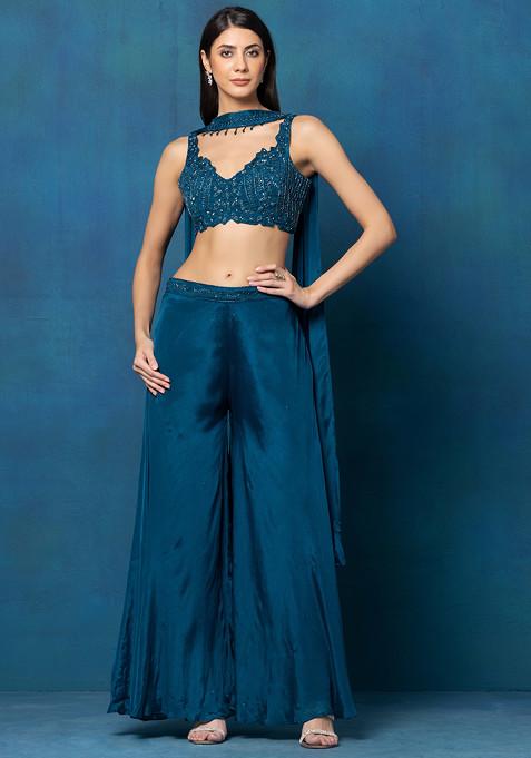 Teal Blue Sharara Set With Sequin Hand Embellished Blouse And Dupatta