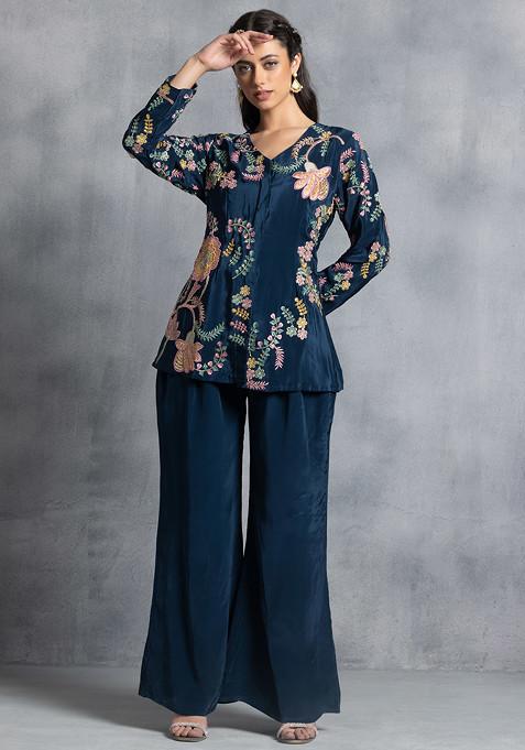Teal Blue Floral Hand Embellished Short Kurta Set With Palazzo