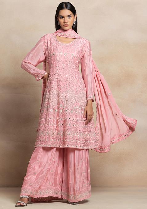 Pink Embroidered Sharara Set With Abstract Zari Thread Embroidered Kurta And Dupatta