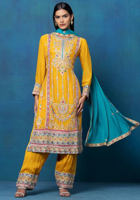 Yellow Embroidered Sharara Set With Zari Thread Embroidered Kurta And Contrast Dupatta