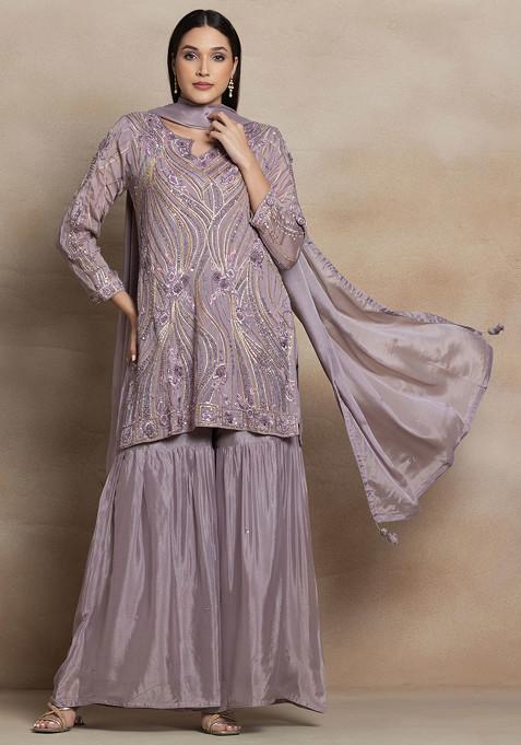 Lilac Sharara Set With Sequin Hand Embroidered Kurta And Embroidered Dupatta