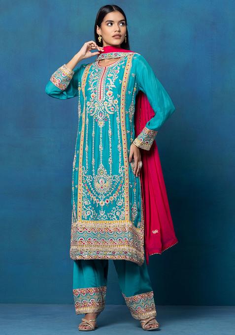 Turquoise Embroidered Sharara Set With Zari Thread Embroidered Kurta And Contrast Dupatta