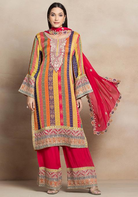 Multicolour Abstract Print Embroidered Kurta Set With Pink Pants And Dupatta