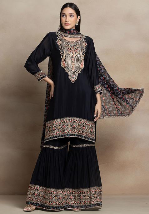 Black Sharara Set With Zari Mirror Embroidered Kurta And Floral Print Dupatta