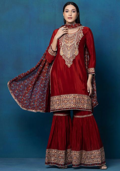 Red Sharara Set With Zari Mirror Embroidered Kurta And Floral Print Dupatta