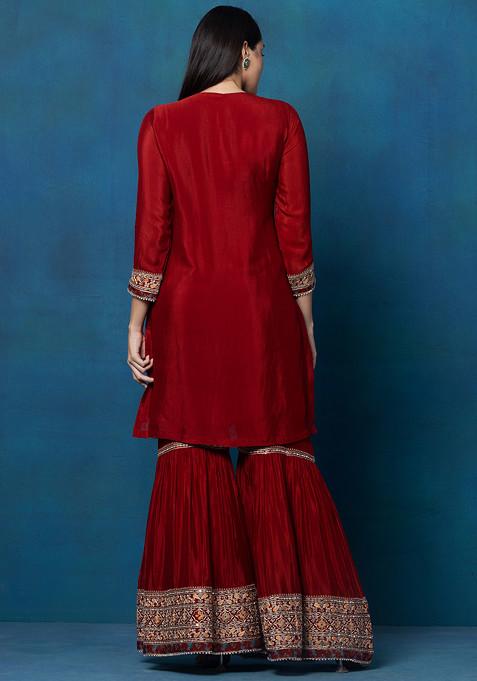 Zari Embroidered Kurta Sharara Set with Mirror Embellishments