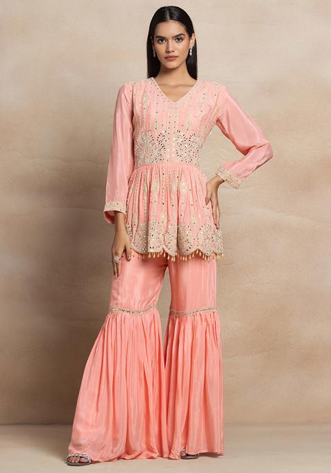 Peach 3/4Th Sleeve Printed Kurta Set With Sharara And Red Dupatta main image 1