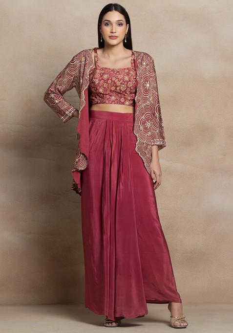 Pink Embellished Jacket Set With Floral Print Blouse And Draped Skirt