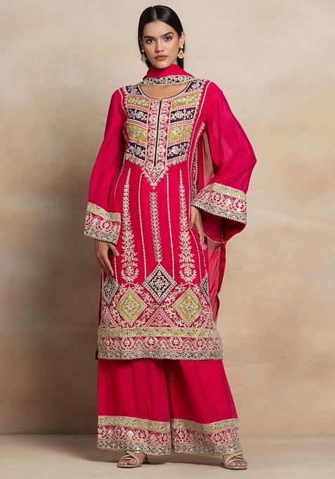 Pink Embellished Sharara Set With Zari Mirror Embellished Kurta And Dupatta